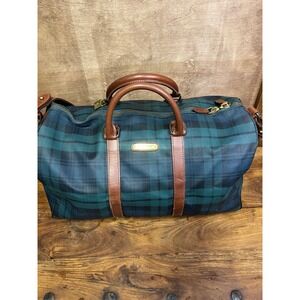 Polo Ralph Lauren Vintage Black Watch Tartan Plaid Duffle Bag Leather Trim Green